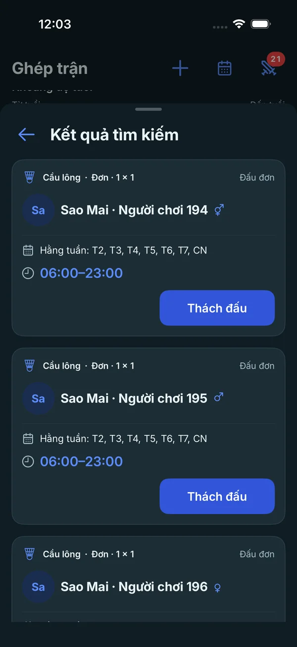 Kết quả tìm đối thủ cầu lông trong FairMatch với dữ liệu kiểm thử minh họa